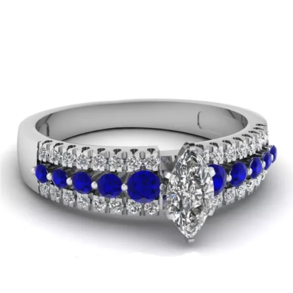 Gorgeous New Sterling Silver Blue White Sapphires Marquise Cut Ring